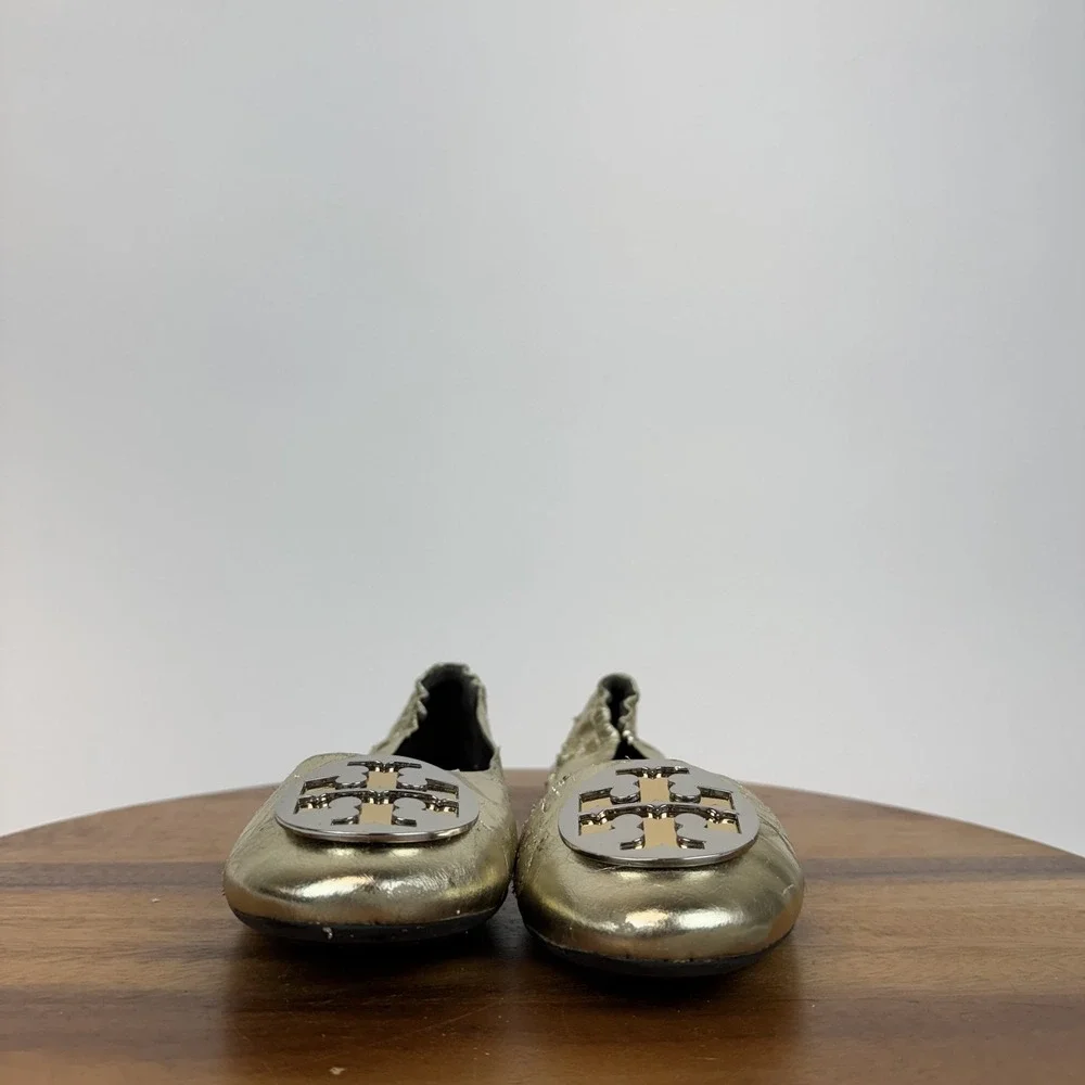 Womens Tory Burch Claire Cap Toe Metallic Gold Leather Ballet Flats‎ Size 9.5 M